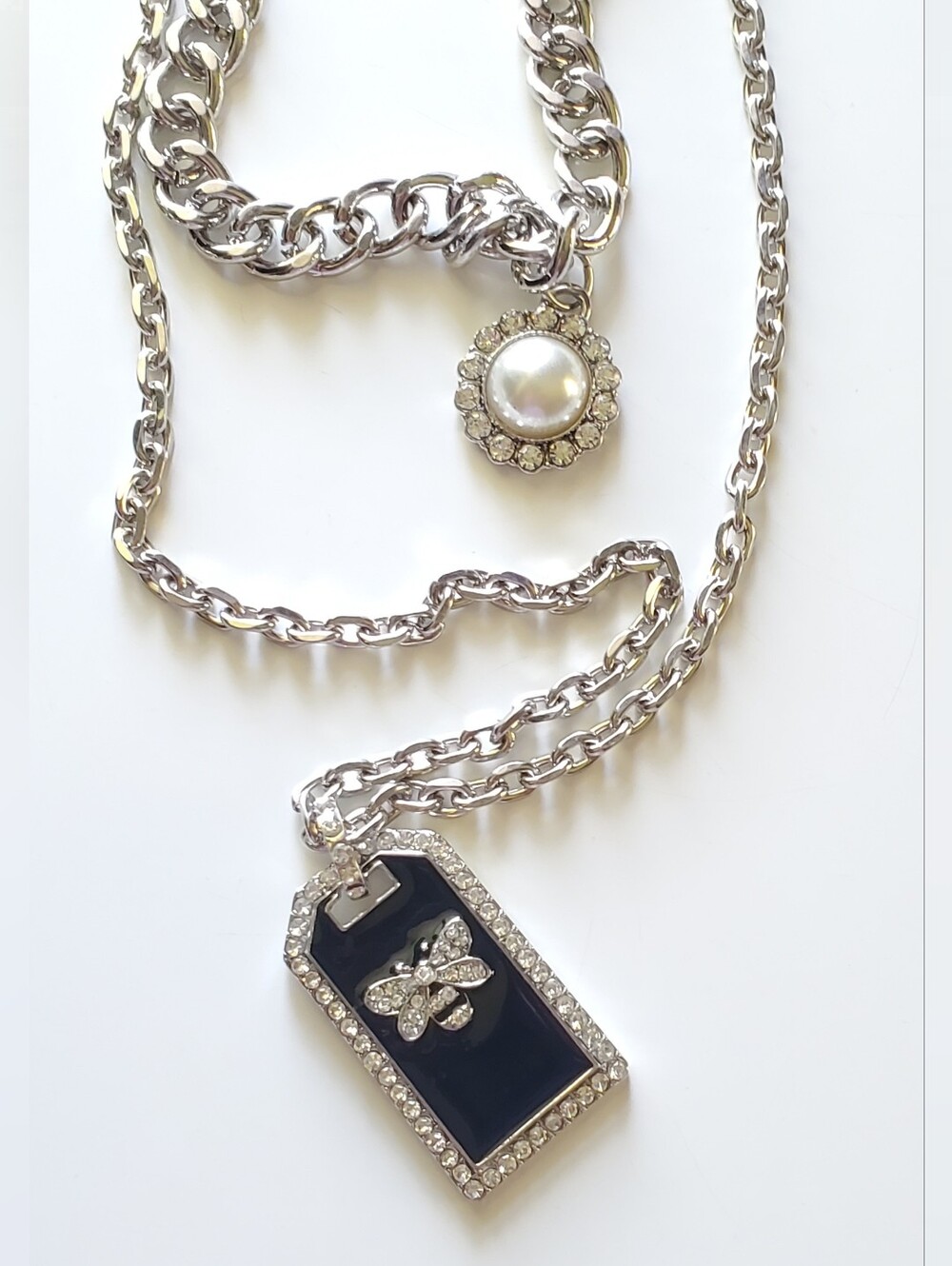 Vintage Faux Pearl & Rhinestone Tag Necklace ~ VERA by New York